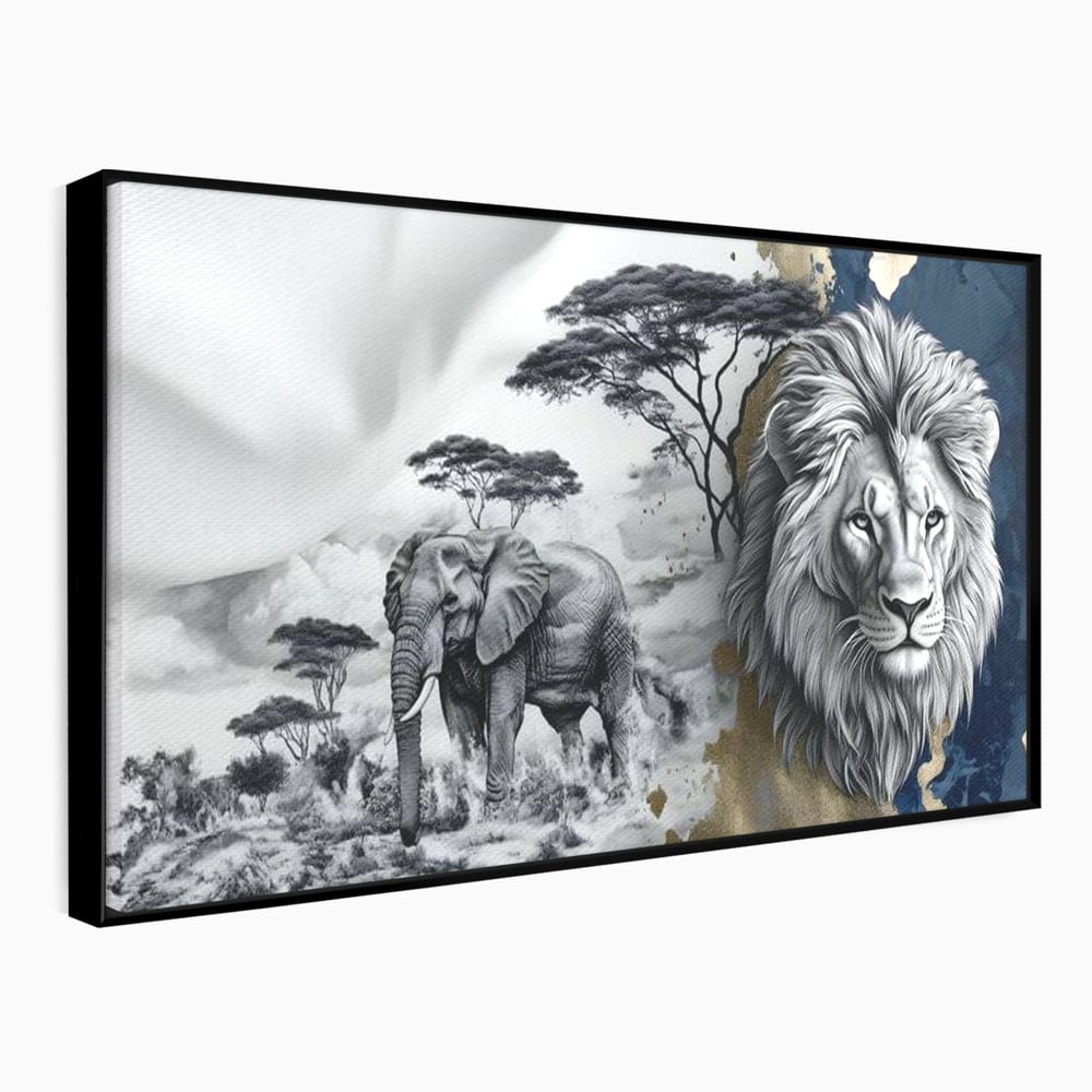 Tablou canvas cu tablou canvas cu leu si elefant, in rama de aluminiu negru
